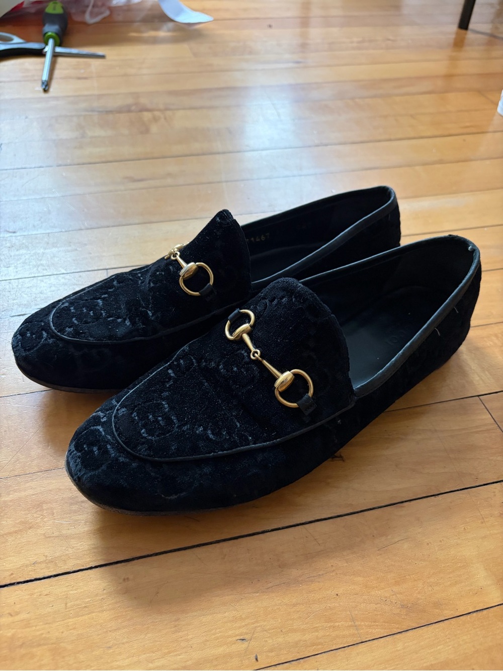Gucci Black Velvet Horsebit Loafers with Gold Hardware - Women